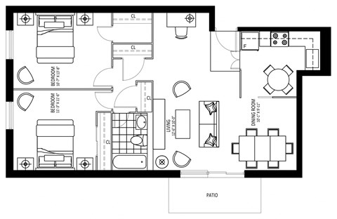 Floor plan for 2 beds, 1 bath